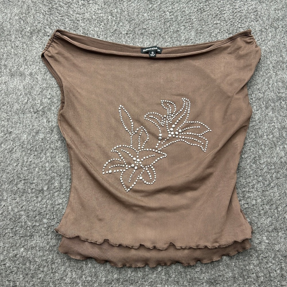 Third Charm Brown Sheer Mesh Studded Floral Off The Shoulder Top Y2K S